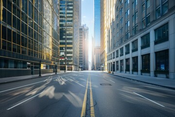 An empty street in the center of the frame, surrounded by skyscraper buildings