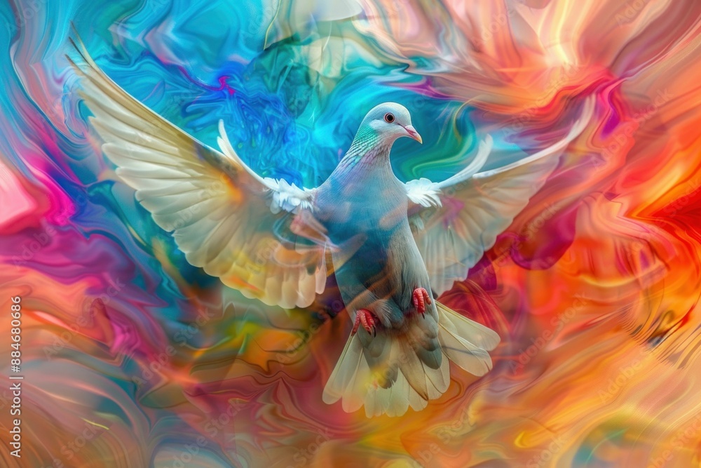 Poster abstract image of a dove in flight with a multihued, swirling backdrop
