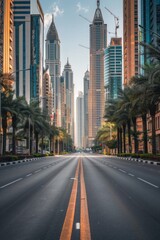An empty street in the center of the frame, surrounded by skyscraper buildings