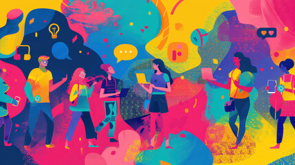 Fototapeta premium A vibrant illustration of people interacting with digital icons, flat design, simple lines
