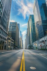 An empty street in the center of the frame, surrounded by skyscraper buildings