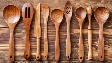 Wooden kitchen utensils on a wood background