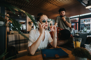 Tired business partners struggling in a coffee bar during a meeting. Black male felt asleep on the table, while female partner continues talking on the phone.