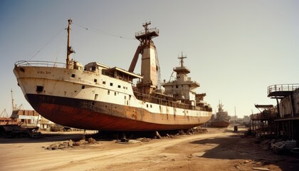 Fototapeta premium Rusty Ship on a Shipyard in the Sun.