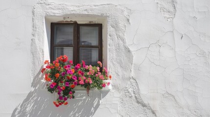 Fototapeta premium Window with floral arrangement on white building
