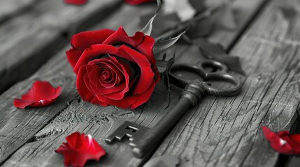 Symbolic Grayscale: Red Rose and Key on Wooden Table