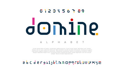 Domine creative geometric modern urban alphabet font. Digital abstract futuristic, fashion, sport, minimal technology typography. Simple numeric vector illustration