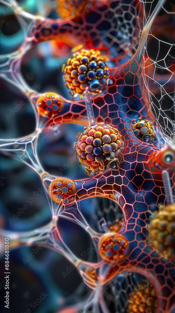 Fototapete abstract 3d rendering of a colorful, intricate organic structure with spherical elements and a mesh-