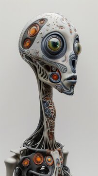 Abstract futuristic alien figure with intricate patterns and surreal design. Sci-fi concept art showcasing unique extraterrestrial being.