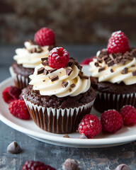  A close-up of a decadent CHOCOLATE RASPBERRY CUPCAKES