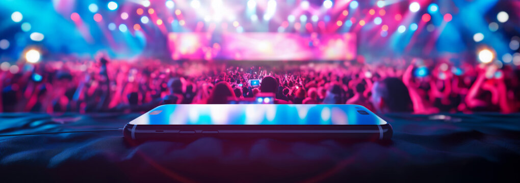 a smartphone with a live music performance concert audience in the background.