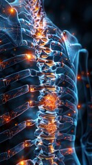 Futuristic medical illustration of a human spine with glowing neural connections, representing advanced technology in spinal health.