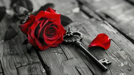 Grayscale Image of Red Rose and Key on Wooden Table: Symbol of Romance and Love