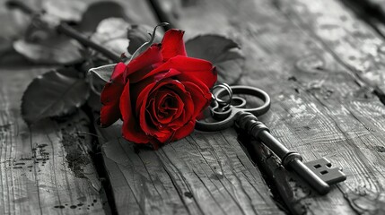 Romantic Grayscale: Red Rose and Key on Wooden Table