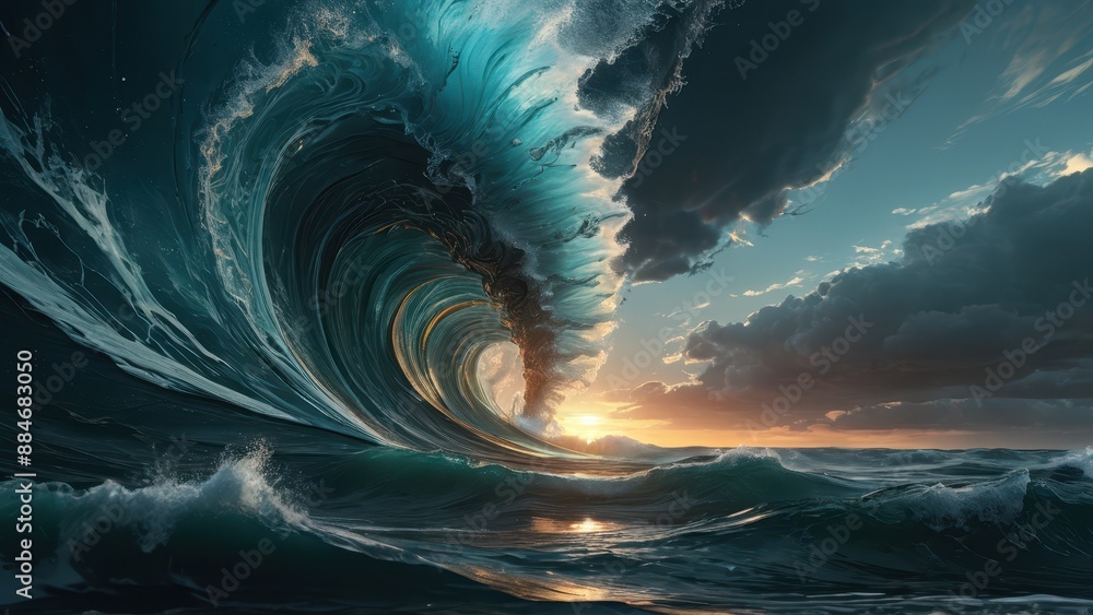 Sticker Majestic Ocean Wave Crashing at Sunset.