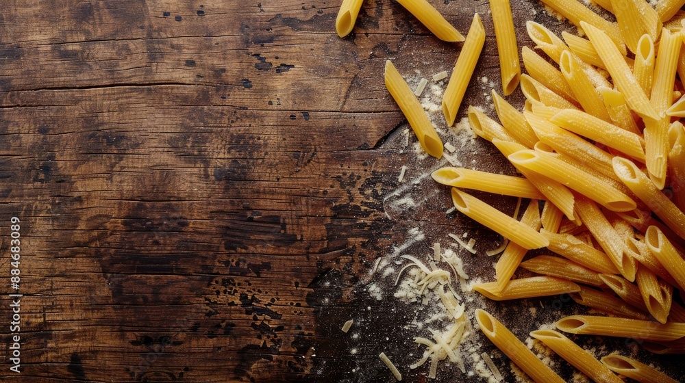 Poster rustic top view of uncooked penne pasta on table with copy space