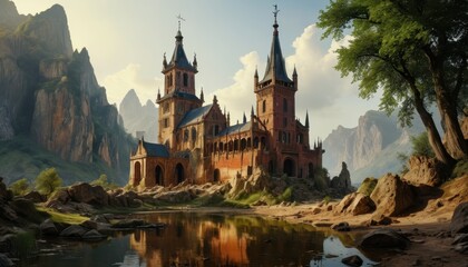 Obraz premium Majestic Castle in Mountainous Landscape.