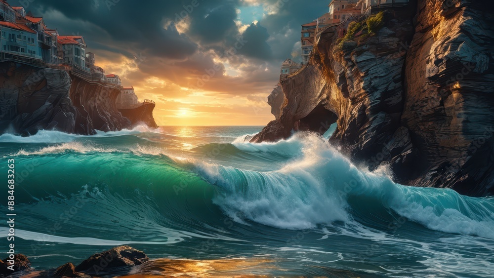 Poster Ocean Waves Crashing Against Rocky Coastline at Sunset.