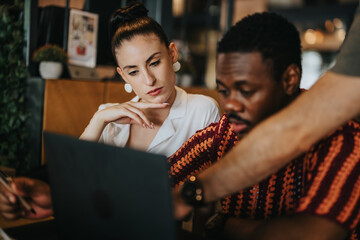 Diverse group of individuals engaged in a collaborative meeting at a coffee bar, discussing and working on a laptop.