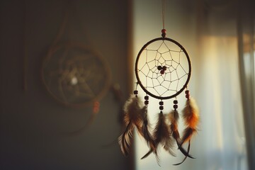 Handmade native american dreamcatcher in soft warm light as interior decoration. Symbolizing peace. Calm. And mystic artisan craftsmanship. Woven with feathers and beadwork