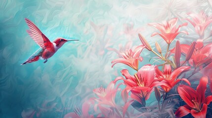 Fototapeta premium Hummingbird Hovering Beside Lilies: Panoramic Perspective