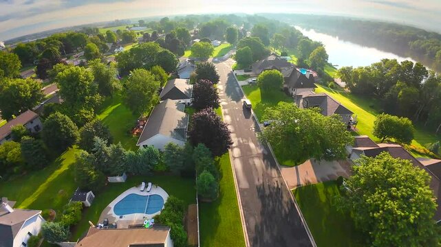 Aerial view of nice neighborhood on a sunny morning.