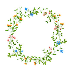 Floral delicate wreath of wildflowers, watercolor drawings with flowers. Watercolor frame made of green twigs and leaves. Cornflowers and daisies. Daisies and marigolds. Cute children's clipart