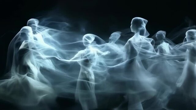 Ghostly, ethereal figures of varying ages and genders captured in motion using long exposure photography. The scene is dark and eerie, evoking a sense of mystery and otherworldliness.