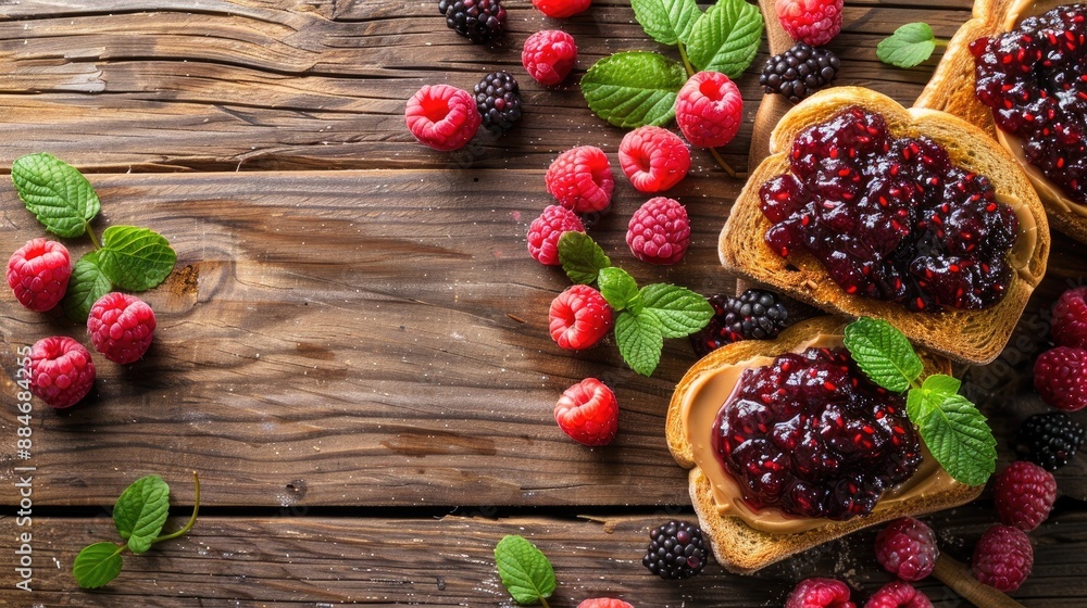 Poster top view of peanut butter and berry jam on toast with wooden background and space for text