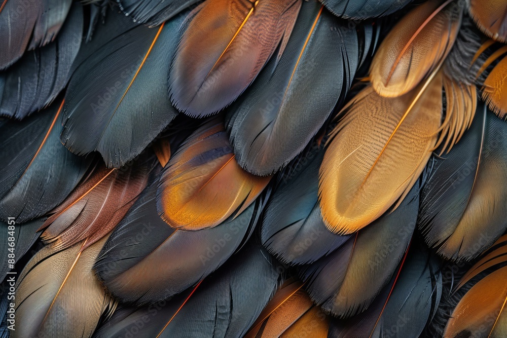 Poster intricate details of multicolored bird feathers captured in a closeup, showcasing a natural pattern