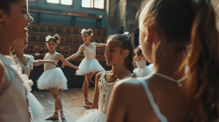 A group of ballerinas talk with their teacher about Ballet Repetition, a ballet class with a diverse student body. Dance education and practice