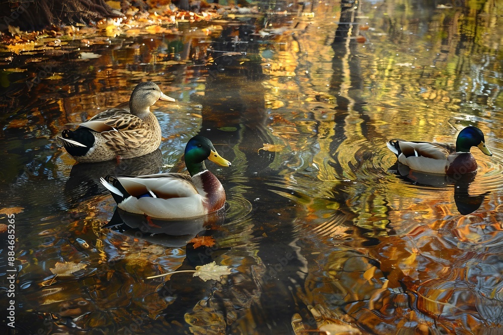 Poster tranquil scene of ducks floating on a lake with fallen leaves and reflections of autumn trees