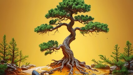 Bonsai Tree in Golden Landscape.