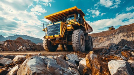 Obraz premium Heavy mining equipment at work Mining industry concept Dump truck on construction site earth moving operations mining