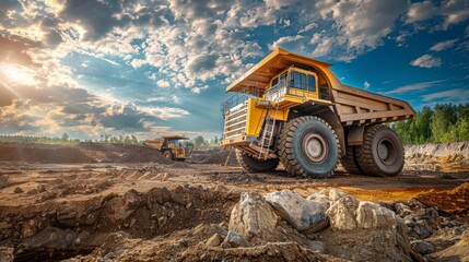 Heavy mining equipment at work Mining industry concept Dump truck on construction site earth moving operations mining