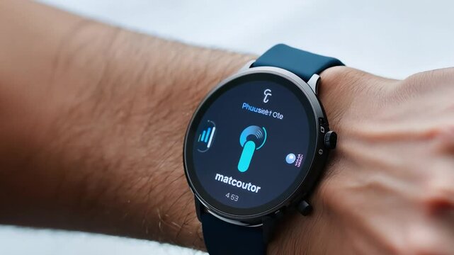 Smartwatch with Blue Strap on Man's Wrist.