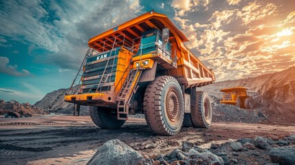 Heavy mining equipment at work Mining industry concept Dump truck on construction site earth moving operations mining