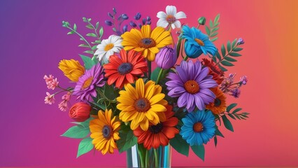 Obraz premium Colorful Flower Bouquet in a Vase on a Gradient Background.
