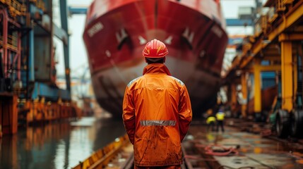 Obraz premium Worker in Protective Gear Facing an Enormous Ship Hull During Repair Operations in a Crowded Industrial Dockyard