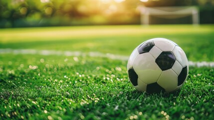 Fototapeta premium Close up view of soccer ball on green field with blurred background, sports concept