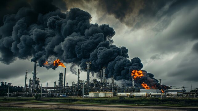 Image of black smoke rising from a burning oil refinery. Oil rig fire raises safety and sustainability concerns