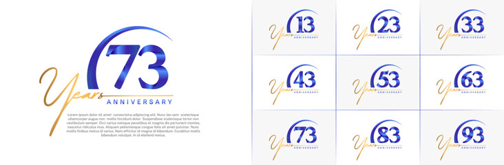 anniversary logotype set vector, gold and blue color with swoosh for special day celebration