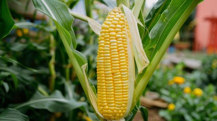 Vivid corn farm landscape under a clear sky, agriculture field with rows of corn plants