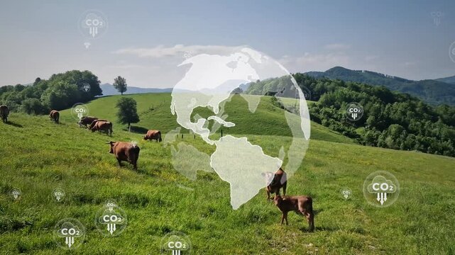 Livestock on big open pasture with CO2 and globe animation. Global production methane, carbon dioxide and nitrous oxide by cows and other mammals concept