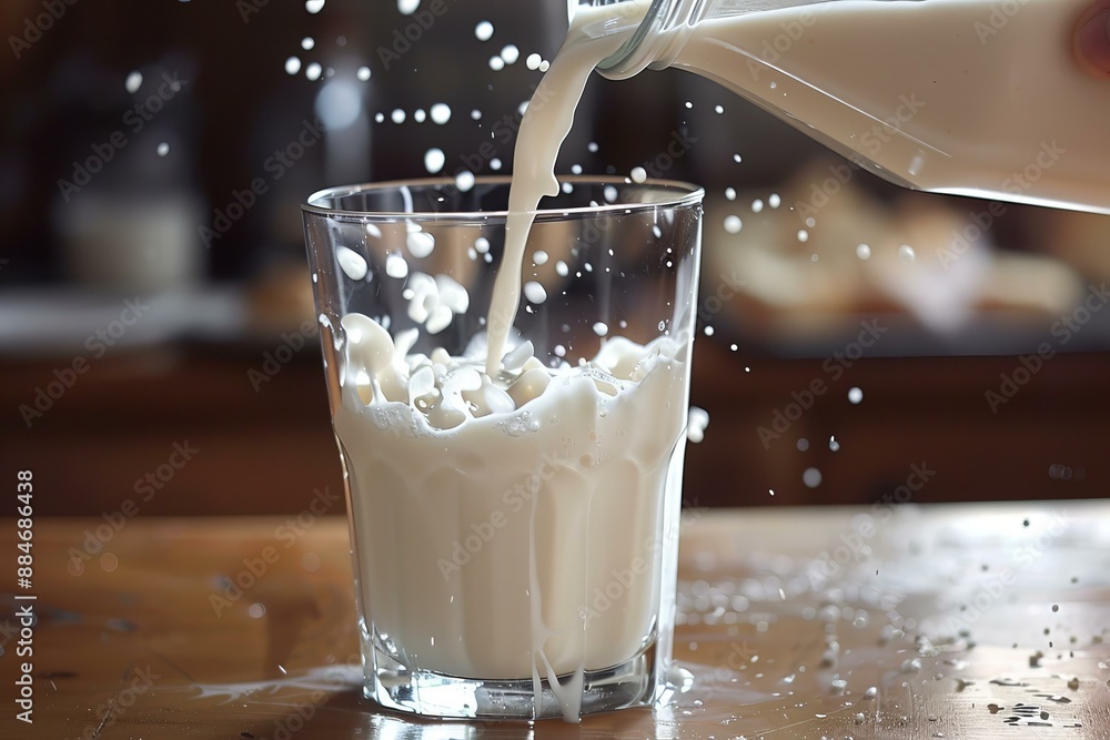 Poster highspeed capture of milk being poured into a clear glass, causing dynamic splashes