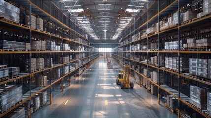 Fototapeta premium Large distribution warehouse with high shelves and loaders. Inside the warehouse