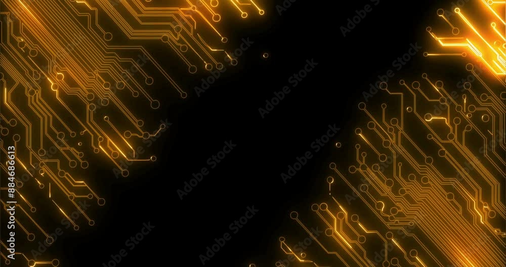 Poster Circuit board, hardware and technology for semiconductor innovation by black background. Mockup, information and digital abstract machine with futuristic cyber computer for big data with neon light.