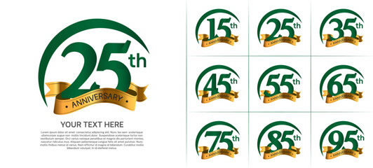 anniversary logotype set vector, green color with golden ribbon for special day celebration
