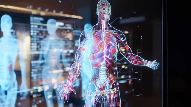 A high-tech medical setting showcases a detailed hologram of human anatomy highlighting internal organs, circulatory, and nervous systems. The hologram is set against a digital background. The image