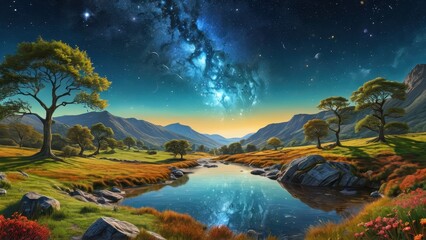 Obraz premium Serene Landscape with a Starry Night Sky.